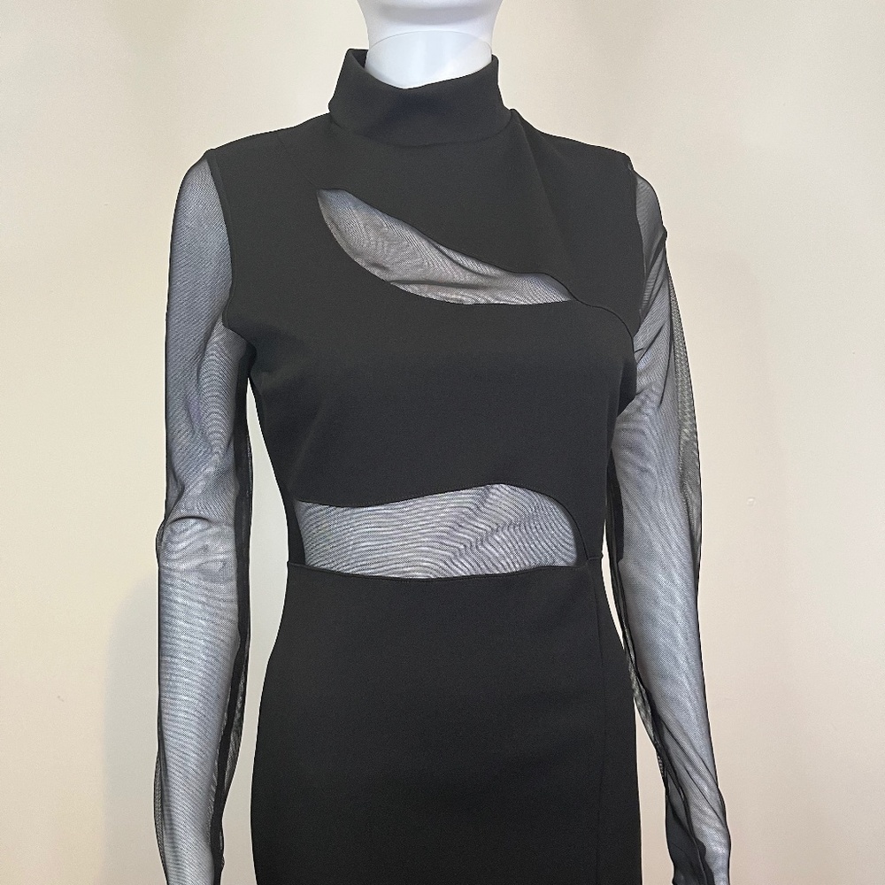 NWT!!! Women's MIDI Black Mesh Long Sleeved High Neck LBD Dress Size Large